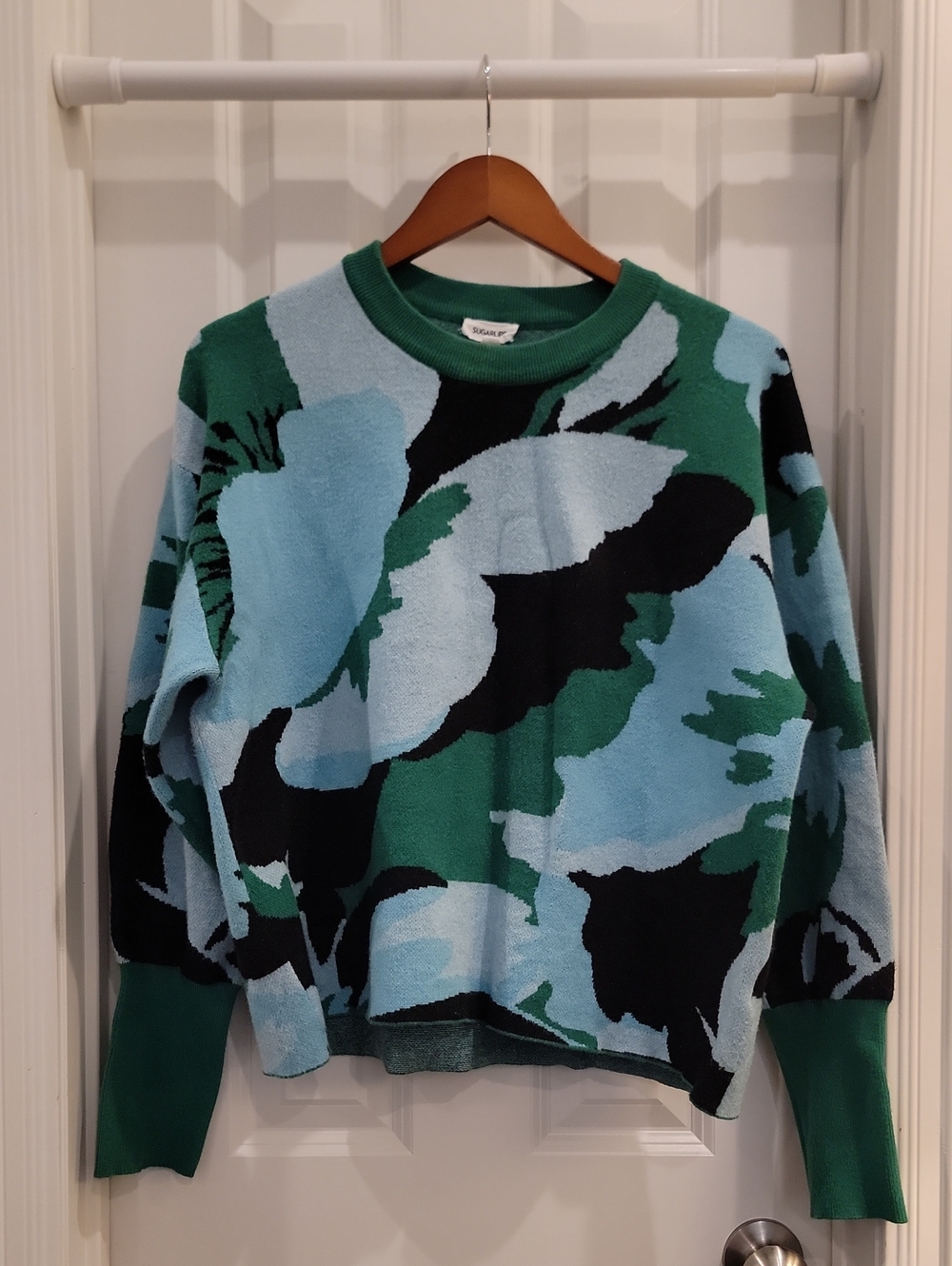 Sugarlips Green, Light Blue & Black Abstract Crewneck Sweater